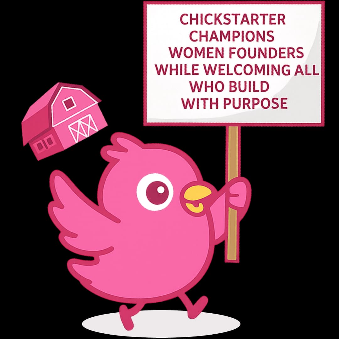 Pink chick holding a sign in front of a small barn icon.
